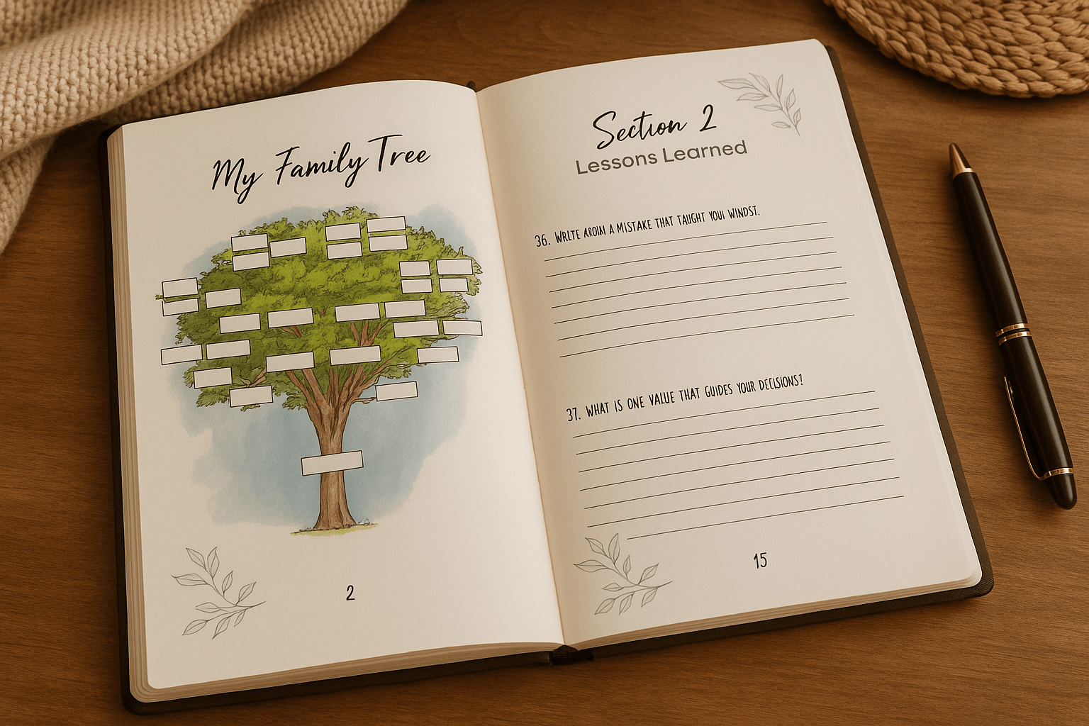 Open notebook with family tree illustration and questionnaire on a wooden surface