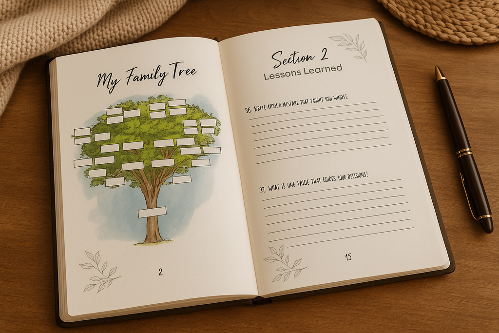Family tree spread inside the Letters for Tomorrow legacy journal for mapping generations