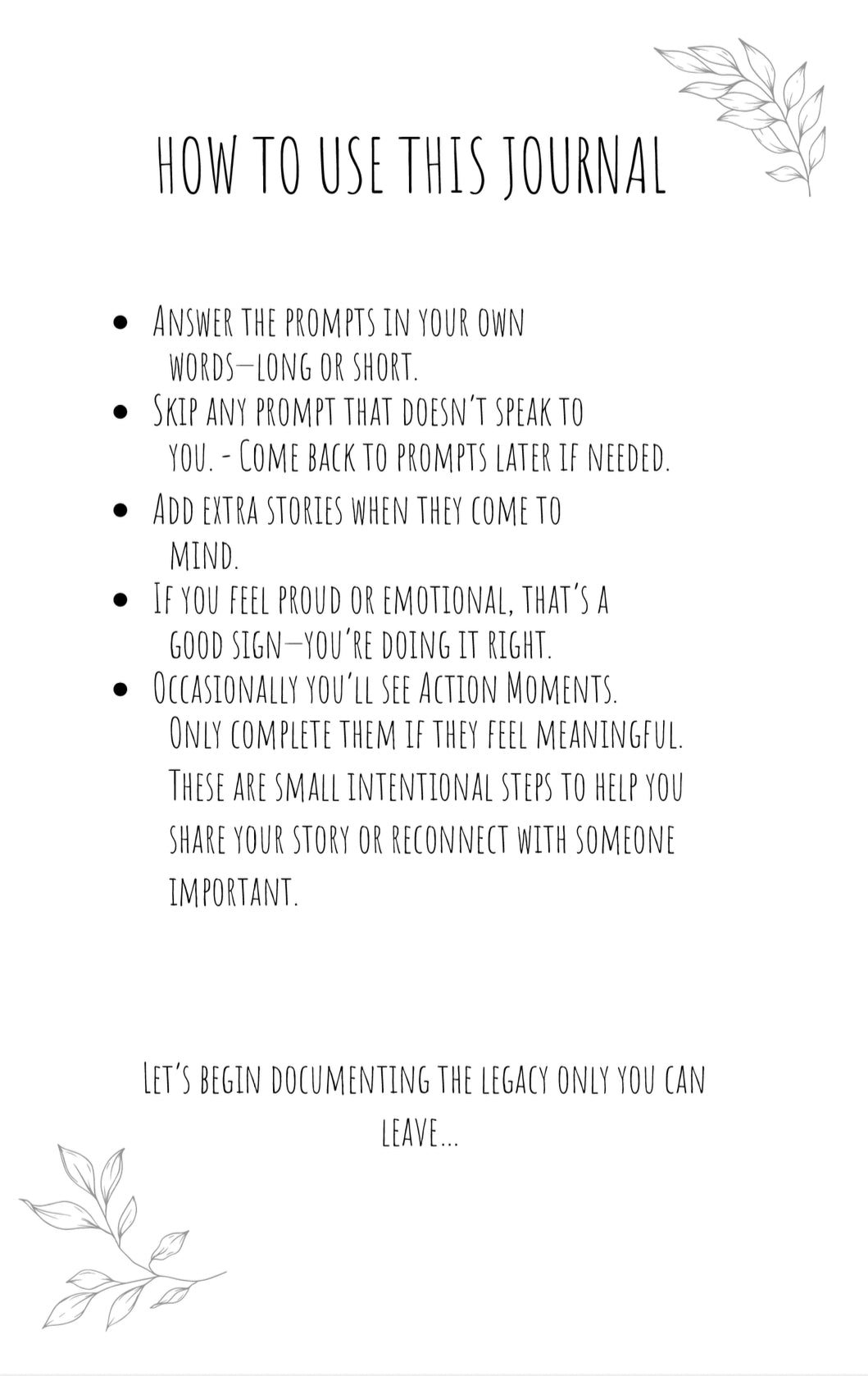 How to use this guided legacy journal page showing the 5-minute mode introduction