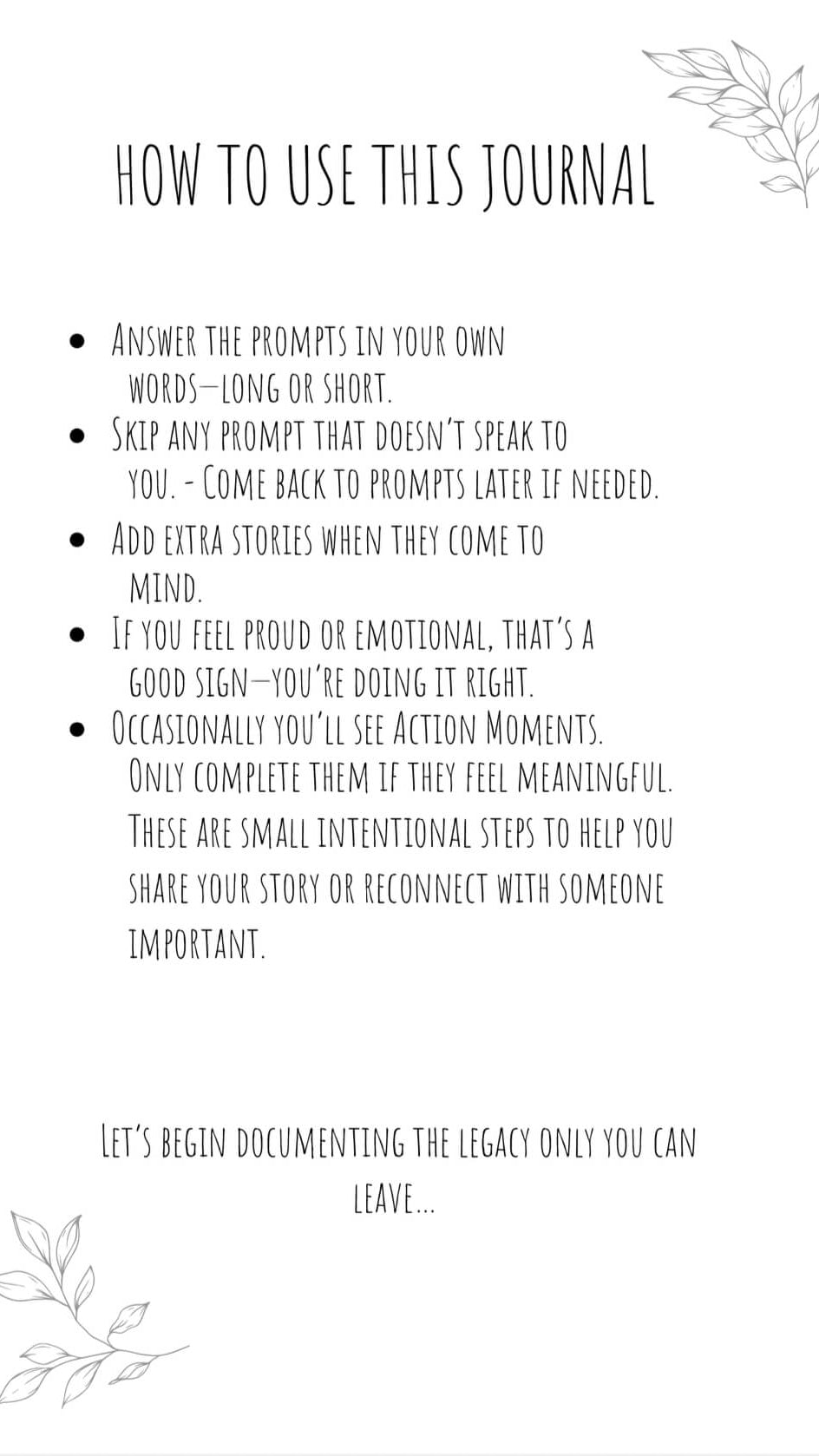 Instructions for using a journal with decorative elements on a white background