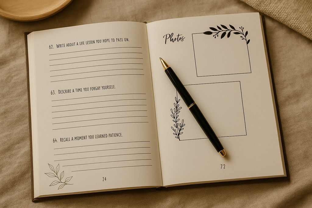 Letters for Tomorrow journal opened to a guided prompt page with a pen, resting on a cozy blanket