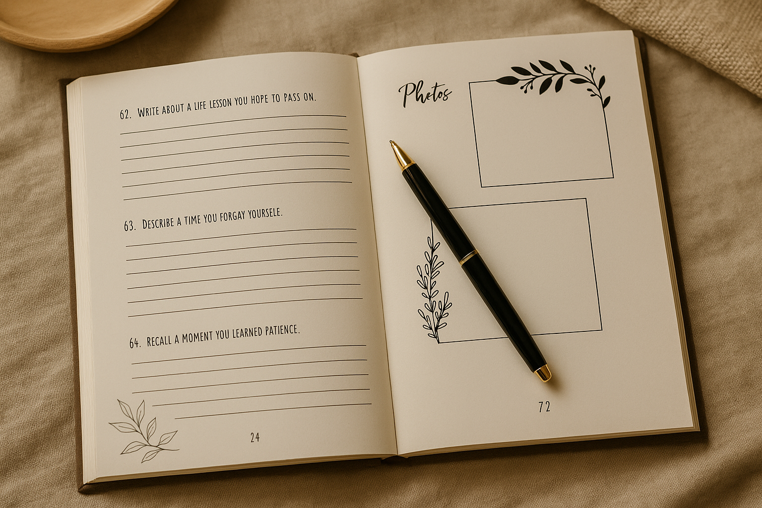Letters for Tomorrow journal opened to a guided prompt page with a pen, resting on a cozy blanket