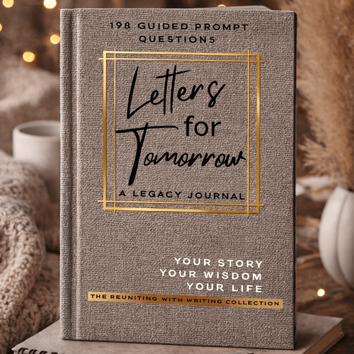 Journal titled 'Letters for Tomorrow' on a wooden surface with warm lighting and decor.