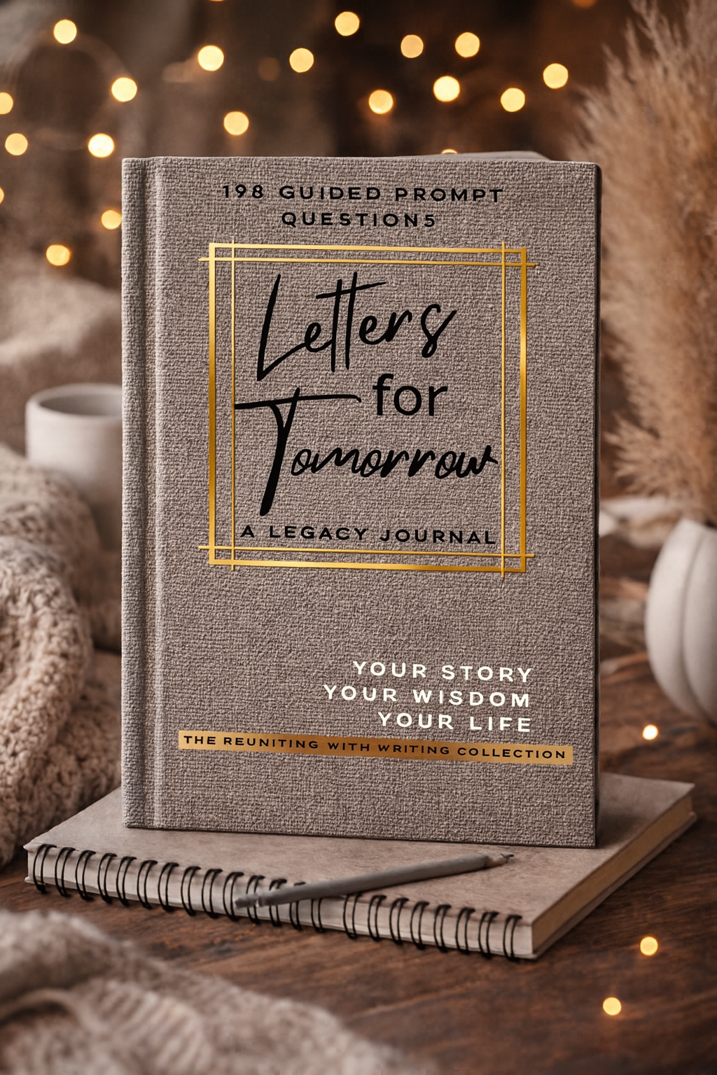 Letters for Tomorrow guided legacy journal with linen-textured grey cover and gold-frame hand-script title