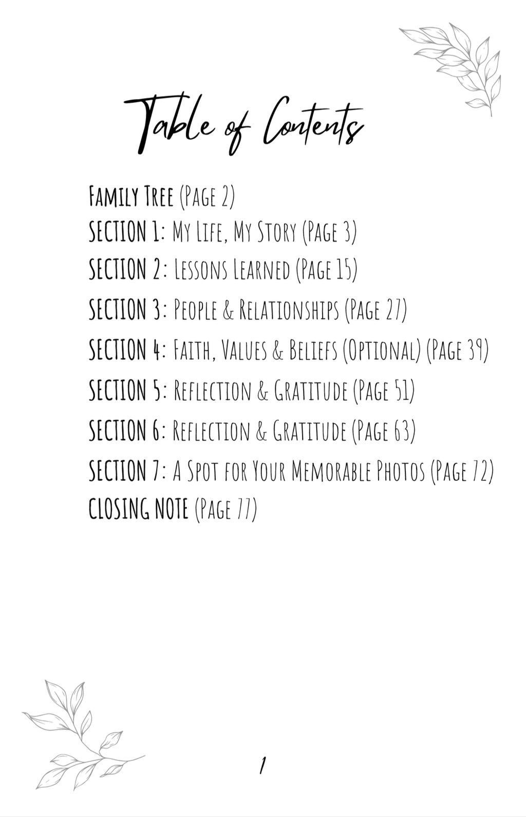 Table of contents page inside the Letters for Tomorrow guided journal showing the 17 life sections and 198 prompts