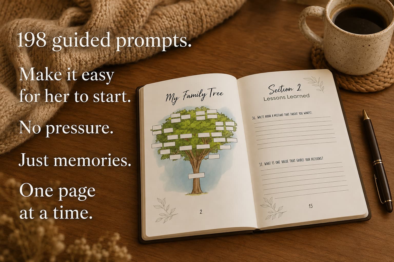 Open notebook with a family tree illustration on a wooden surface with a cup of coffee and pen.