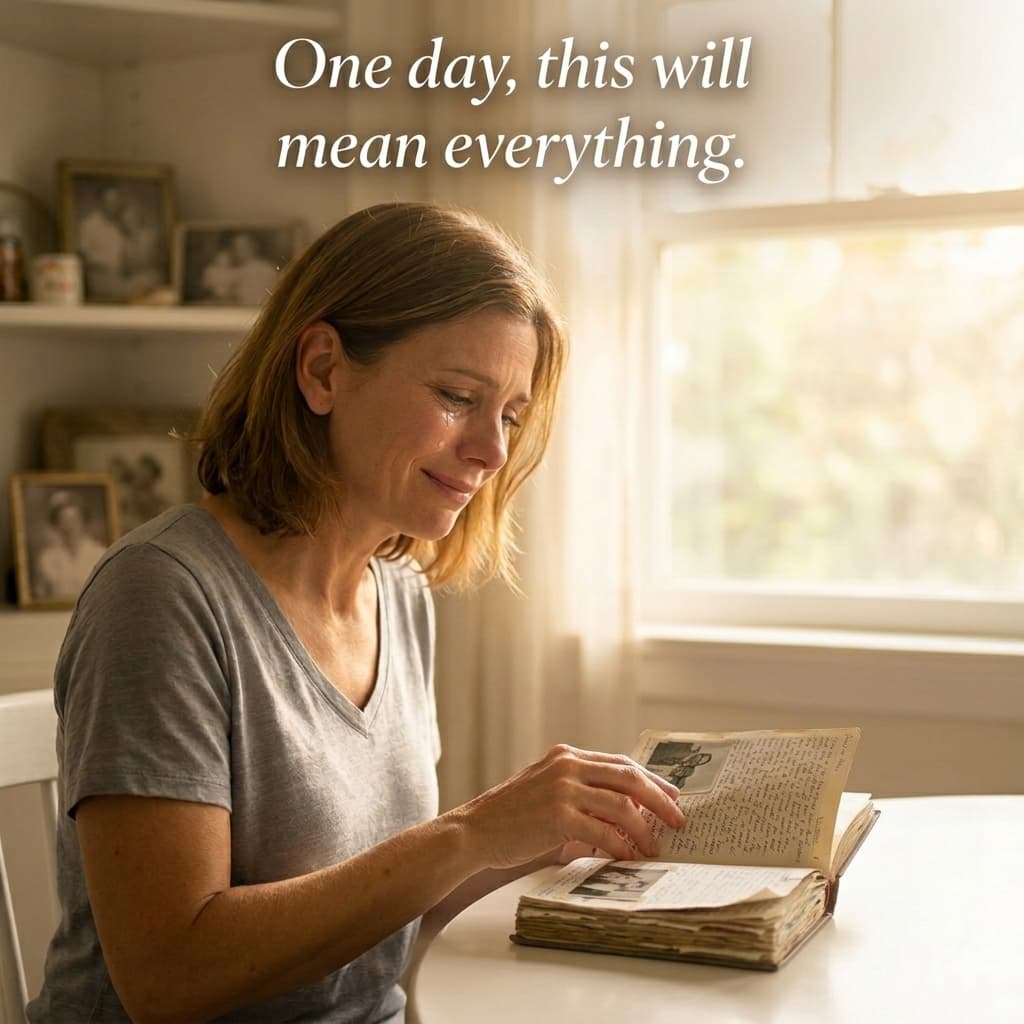 Woman reading an open book in a warm, sunlit room with a quote above her.