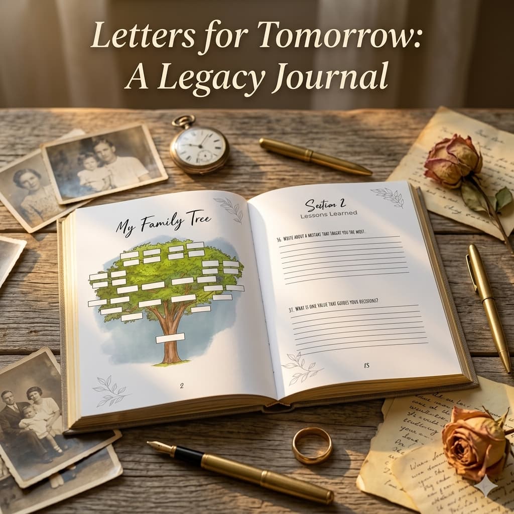 Open journal with family tree illustration on a wooden surface with vintage items.
