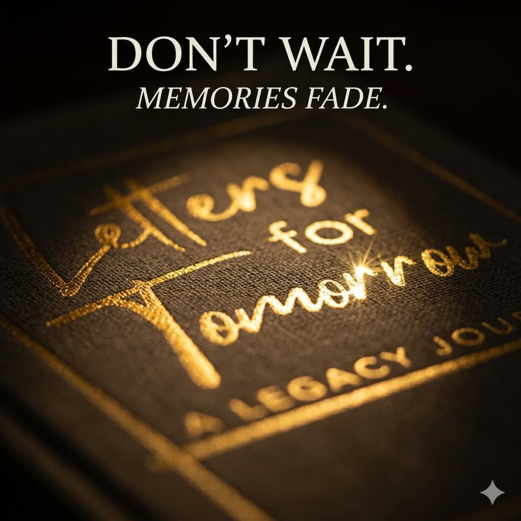 Close-up of a book with gold text and 'Don't Wait. Memories Fade.' quote.